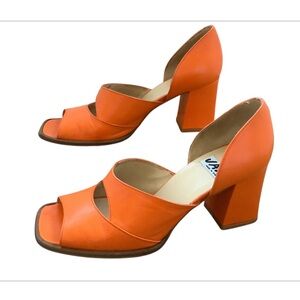 Jazz Made in Spain Orange Open Toe Block Heel Napa Leather Shoes Size 7.5 Retro